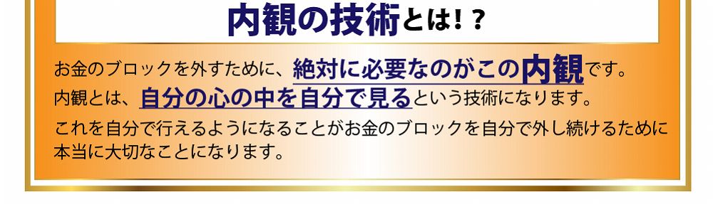 内観とは、自分の心の中を自分で見るという技術になります。これを自分で行えるようになることがお金のブロックを自分で外し続けるために本当に大切なことになります。